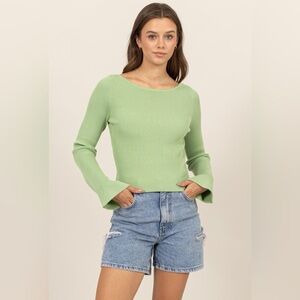 237B-SAGE. Ribbed Long Bell Sleeve Top